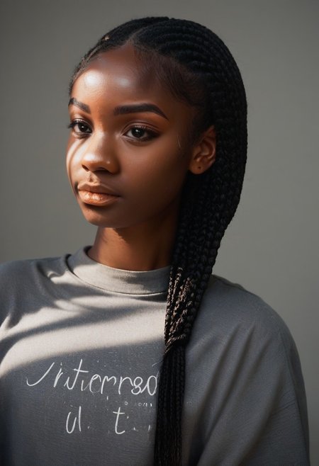 score_9, score_8_up, score_7_up, 1 woman, dark skin, long multicolor black2white box braids, portrait,  box braids, b0ll4nd, oversized sheer tshirt, latex boots, DRKDL, dramatic lighting, light to show hair color and texture