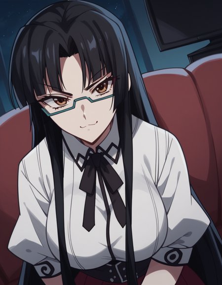 score_9, score_8_up, score_7_up, source_anime, <lora:tsubaki-shinra-s2-ponyxl-lora-nochekaiser:1>, tsubaki shinra, long hair, black hair, brown eyes, glasses, semi-rimless eyewear, under-rim eyewear, parted bangs, bangs, blunt bangs, large breasts, shirt, ribbon, school uniform, white shirt, black ribbon, neck ribbon, long sleeves, skirt, red skirt,, living room, television, couch, popcorn, watching movie, night time, sitting,, , looking at viewer, smug, solo,, cowboy shot, dutch angle,