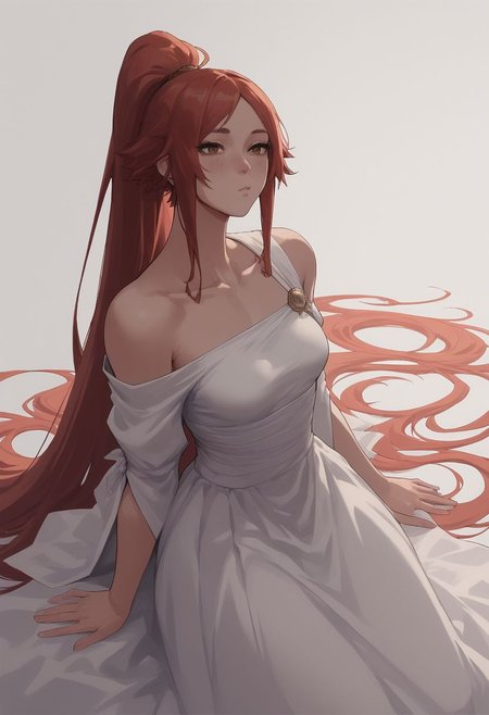 score_9, score_8_up, score_8, rating_explicit, very tall girl, slim build, long hair in high ponytail, red hair, straight hair, ((pale skin)), small breasts, brown eyes, narrow arms, One-shoulder draped gown, white dress, long dress, ((fully clothed)),