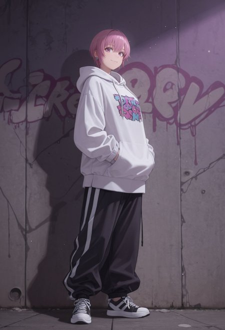 masterpiece,best quality,absurdres,highres,very aesthetic,high quality,detailed,insanely detailed,beautiful,perfect lighting, ,depth of field,blurry background,bokeh, looking at viewer, 
,  <lora:Sakuragi Naruha Illu :1> 1girl, short hair, pink hair, purple eyes, urban and street style, graffiti-inspired colors, cool and edgy attire, baggy pants, oversized hoodie, stylish sneakers, fashionable accessories, hip hop jewelry, confident expression, graffiti walls, energetic and vibrant atmosphere