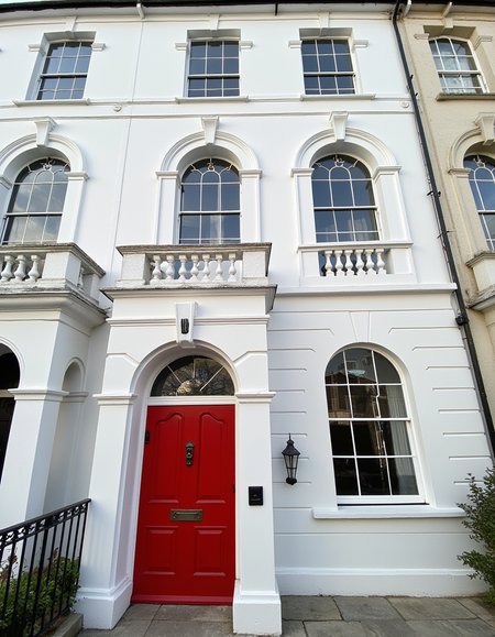 architectural photography, detailed, professional photography,
Luxury British townhouse, 4 stories tall, arched windows, red door, balustrade, classy but with a small twist of modern and fresh look, white walls, 
  <lora:iphone-dev-6:1> iphone photo