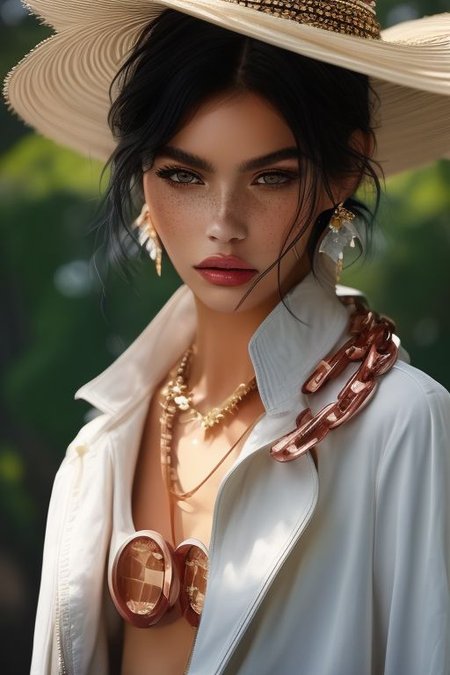 masterpiece, best quality, ultra detailed, perfecteyes eyes, bellissima, 1girl, white shirt, pants, jacket, Armani style, very short hair, black hair, freckles, earrings, chain necklace, cowboy shot