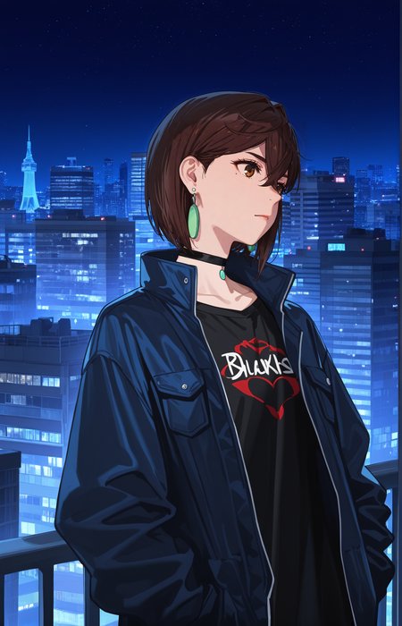 <lora:AyaseMomoCYQL:1>,AyaseMomoCYQL,1girl,solo,brown hair,short hair,brown eyes,jewelry,earrings,choker,black choker,
higuchikaede,jacket,night,outdoors,sky,building,openjacket,openclothes,nightsky,partedlips,handsinpockets,shirt,collarbone,skyscraper,railing,city,cityscape,star(sky),citylights,blackshirt,blackjacket,starrysky,longsleeves,bluejacket,earrings,jewelry,skyline,moleundereye,tower,mole,closedmouth,,
BREAK
<lora:ponyv4_noob1_2_adamW:0.7>,<lora:USNR STYLE_XL_loha:1>,usnr,<lora:MeMaXL4:0.4>,,
perfect quality,high quality,masterpiece,best quality,amazing quality,very aesthetic,absurdres,newest,
