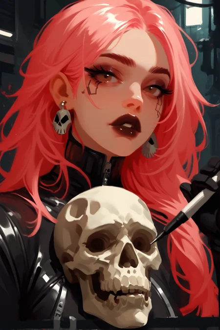 1girl, black lips, pink hair, long hair, makeup, looking at viewer, skull, solo, gloves, jewelry, earrings, cyberpunk, holding, lipstick, black gloves, upper body, tattoo, mascara, leather, bodysuit, zipper, eyeshadow, blurry, parted lips, mask, eyelashes, teeth, brown eyes, signature, pen, blurry background, artist name, zPDXL3,  PnyCmicXLPOS, detailxl,  (lineless, vector art:1.5)