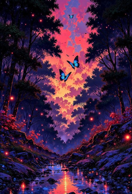 The Crimson Canopy – A Forest of Eternal Sunset (Whimsical & Surreal)
"A magical forest where the trees have deep crimson and violet leaves, glowing softly under a sky that is forever caught in the hues of sunset. The air shimmers with golden motes of light, and the rivers flow with liquid amethyst. Massive, translucent butterflies drift through the air, their wings reflecting the surreal beauty of the landscape."