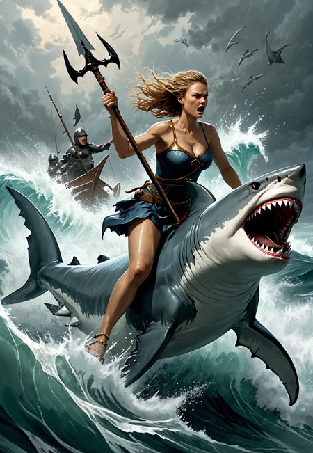 illustration,portrait,In the midst of a raging sea battle, a fearless woman rides an attack shark with precision, wielding a trident in hand as she leads her aquatic cavalry into the fray