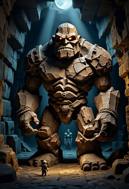 award winning, (professional photo) of (towering golem made of bronze), cute size,  with an enchanted amulet, set in  an ancient dark cavern, with timeworn walls, mysterious markings, a sense of history, under the moonlight, , creative, beautiful, vibrant, masterpiece, 64k, UHD, HDR, full view, atmospheric lighting, extremely detailed