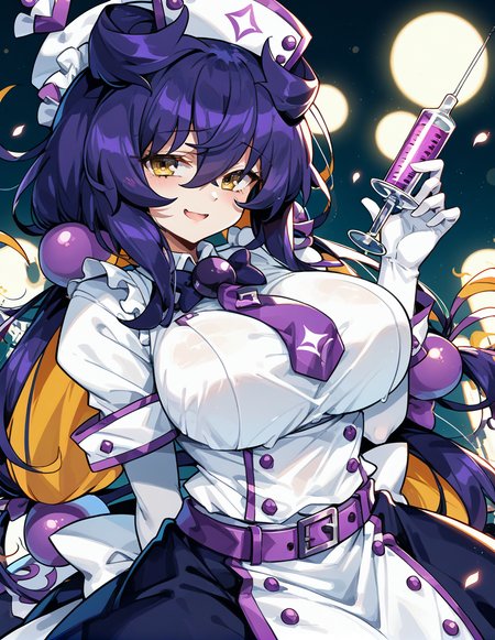 score_9,score_8_up,score_7_up,score_6_up,score_5_up,score_4_up,
1girl,<lora:prune_pony:1>,prune(bombergirl),purple hair,hair between eyes,eyebrows visible through hair,blonde hair,yellow eyes,large breasts,
gloves,hat,looking at viewer,nurse,maid,syringe,