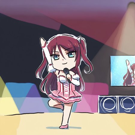 newest stylish, extreme aesthetic, 1girl, solo, BeatriceKushan, standing on one leg, dancing, arm above head, hand up, holding microphone, pink dress, smile, juliet sleeves, bare shoulders, detached sleeves, two side up, looking at viewer, chibi, full body, xinzoruo, stage, screen, spotlight, <lora:Bea&KilaKushan-ilxi01:0.5>, <lora:XinzoruoStyle2_AnimagineXLv3:0.5>