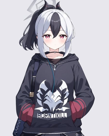 kayoko \(blue archive\),1girl, solo, ponytail, halo, simple_background, closed_mouth, bag, black_hoodie, long_sleeves, blush, earclip, looking_at_viewer, hand_in_pocket, hood_down, hand_up, skirt, handgun, white_pupils, earphones, demon_horns, black_choker
<lora:kayoko_(blue_archive)_image1860_2023-11-28-000012:1>halo. gorgeous,key visual, vibrant, studio anime,award-winning, professional, highly detailed,high budget, cinemascope
