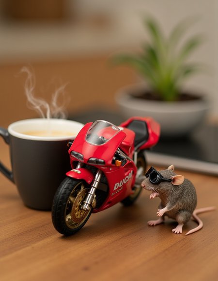 realistic photo of a Miniature Ducati 916 motorcycle, on the kitchen table next to a steaming mug of coffee, a cute mouse wearing motorcycle goggles is standing next to the motorcycle getting ready to ride, sharp focus, highly detailed, <lora:FLUX.1d_-_Miniatures:1>, flxmni, solo, <lora:Ducati 916:1>
