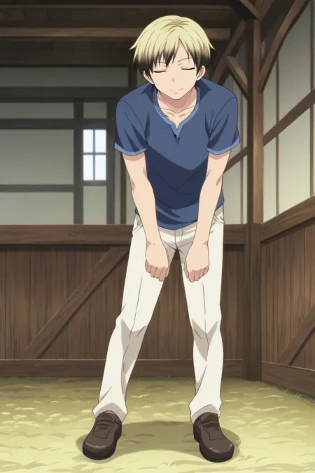 score_9, score_8_up, score_7_up, source_anime, rating_safe, intricate details, anime screencap, , , looking at viewer, , 1boy, solo, male focus, <lora:kodaka_hasegawa_pony:0.8>, kodaka_hasegawa, blonde hair, black eyes, short hair, multicolored hair, two-tone hair, black hair, wide angle, wide shot, full body, farm, plantation, indoors, light, leaning forward, (closed eyes:1.2), smile, , beret, <lora:sdxl_lightning_8step_lora:1>