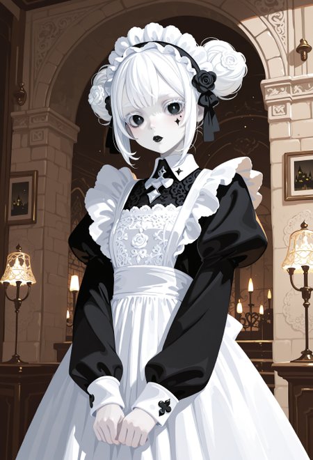 safe_pos, masterpiece, best quality, 1girl, solo, maid, maid apron, black dress, long sleeves, maid headdress, white embroidery, (intricate pattern:1.1), rose ornament on hair, glowing white hair, white eyelashes, white eyebrows, pale skin, black eyes, black lips, black heart tattoo on one cheek, short hair, messy bun, double bun, goth make up, cute, cute pose, haiz_ai, no lineart,no outline, indoors, castle,