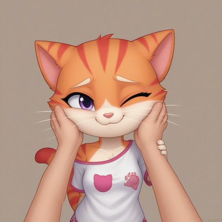 SuperKitties, Anthropomorphic body, Ginny, mammal, furry, orange tabby munchkin, \(artwork\), 2023, solid color background, human hands, shaded, portrait, fur, female, biped, short stack, purple eyes, red stripes, cat tail, ears down, brown thin eyebrows, one eye opened, light pink solid color shirt, oversized shirt, one shoulder off, magenta dolphin shorts, looking at the viewer, one eyelash, POV hands on cheeks, hand holding, smiling, sad, mouth closed, no hair only fur, shading, oval-shaped head, white whiskers, white vanilla colored hands and feet (paws) close up, half body trim