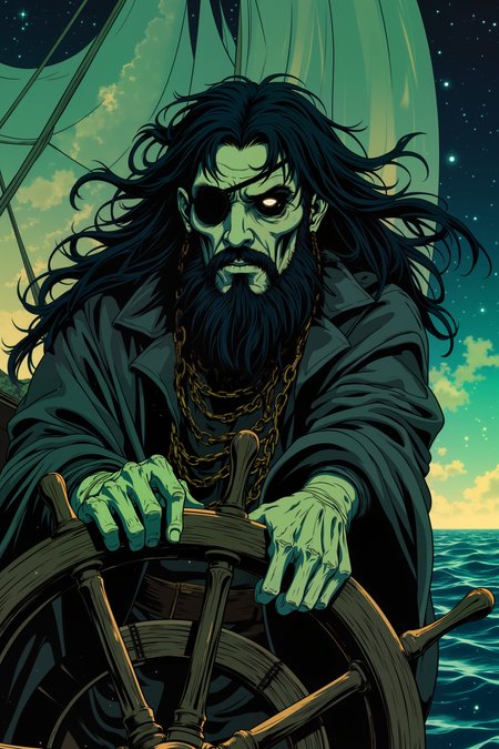 ne0nfant4sy, A spectral pirate captain, his ghostly form flickering like mist, grips the wheel of a phantom ship that sails on an endless sea of stars. His translucent skin glows with an otherworldly light, while his long, tangled black hair and thick beard billow around him in a wind that only he can feel. His one good eye gleams with mischievous intent, while the other, lost to battle, is covered by a tattered, spectral eyepatch. He wears an ancient, weathered captain's coat, the edges of which fade into smoke and shadow. His skeletal hand grips a cutlass that glows faintly with cursed magic, the blade shimmering as if it's made from stardust. Behind him, the ship's sails are tattered, glowing faintly with a haunting green light as they catch an ethereal breeze. The sea around him is a swirling void of galaxies and constellations, and the faint echo of ghostly shanties drifts through the air. His expression is one of eternal defiance, a captain forever bound to the stars. The dim glow of the celestial sea reflects in his cold, spectral eyes, his presence a blend of majesty and curse.<lora:RetroAnimeFluxV1:0.5><lora:NeonFantasyFLUX:0.3>