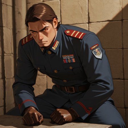 masterpiece, best quality, amazing quality, absurdres, newest, detailed background, definition so sharp, Ultra-HD, 8K cinematic, very awa, impressionate, amazing quality, highres, 
solo, male focus, manly, shadow, shiny skin,
shimonmakusu, shimon_brunette, shimon_orange eyes, 1boy, short hair, stubble, goatee, mature male, authority, commanding_presence, stern_expression, military_uniform, leather_gloves, imposing, disciplined, unyielding, straight_posture, leader, sharp_suit, power_stance, stone_face