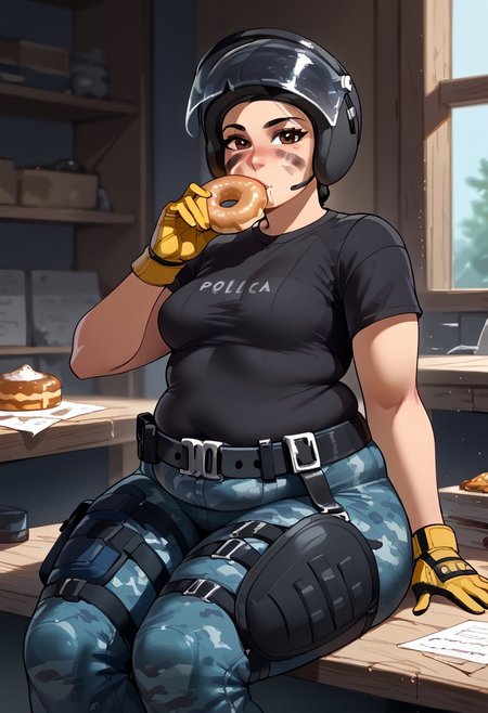 score_9, score_8_up, score_7_up, BREAK,Expressiveh, (masterpiece, best quality, highres detail),inside ,workshop,<lora:Mira_Rainbow_Six_Siege_PONY_XL_by_UOC:1>, mira, mira \(Rainbow Six Siege\),1girl,adult,solo,from sideways,sitting ,eating donuts ,looks at viewer,horny,((chubby:1),small breasts ,fupa),beutiful face ,facepaint,lips,helmet,face shield,beutiful eyes,brown eyes,yellow gloves,black t-shirt,blue camouflage pants, belt