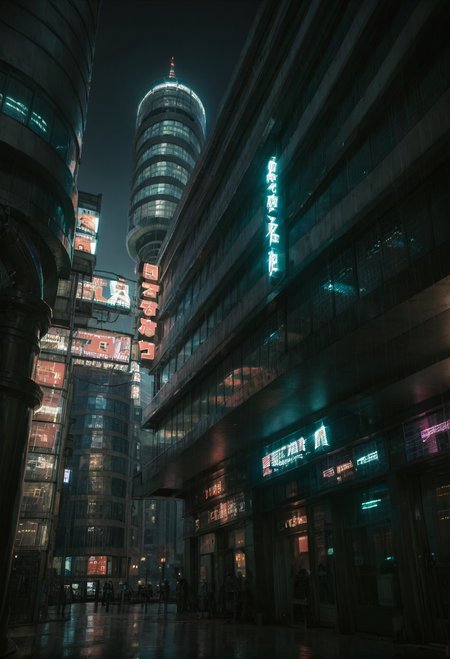 ,ruanyi0887,skyscraper,outdoors,night,neon lights,<lora:0887 Commercial street at night_v1_pony:0.8>, score_9,score_8_up,score_7_up,,8k,1girl,solo,,