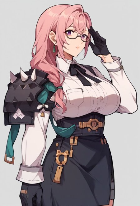 score_9,score_8_up,score_7_up,score_6_up,  fe9portraits, solo, cowboy shot, simple background, 1girl, female focus Yanagi, earrings, pink hair, long hair, huge breasts, purple eyes, braided ponytail, glasses, under-rim eyewear,  white shirt, collared shirt, long sleeves, white sleeves, shoulder armor, black gloves, adjusting eyewear, hand on eyewear, black skirt, high-waist skirt,zPDXL3,