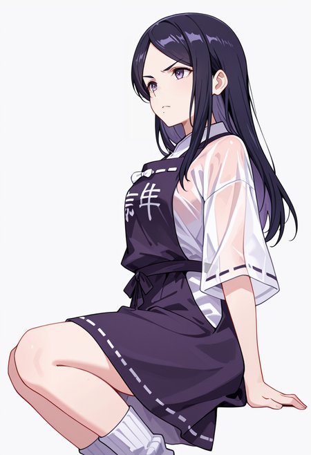 masterpiece,high quality details, absurdres,
 <lora:Kohinata:0.8>
kohinata_cnr,  1girl, black hair, long hair,parted bangs, purple eyes,mole under mouth,, simple background, white background, from side,solo,, scowl,color drain,, see-through shirt  ,kariginu,apron skirt,  ,tube socks,