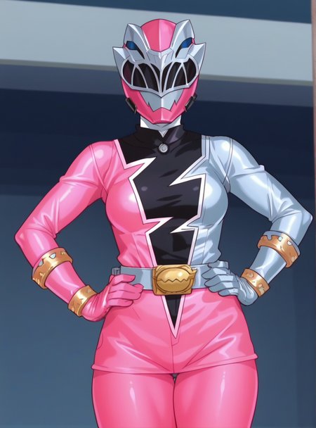 score_9, score_8_up, score_7_up, anime screencap,  anime screencap,   <lora:RyusoulPink:0.9>ryusoulpinkxl, solo, bodysuit, helmet, belt, gloves, pink bodysuit, mask hands on hips,thick thighs,