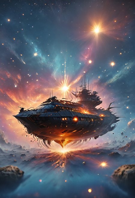 high quality, 8K Ultra HD, highly realistic, The great and sleek black ship is moving forward, blasting through space. It has powerful cannons facing forward that are unleashing powerful blue neutron beams upon an unseen foe. Embark on an enchanting 8K photorealistic journey as a magnificent starship blasts through a star system.  The ship gracefully flies among other ships. The starship's design boasts advanced technological elements. The camera captures every minute detail, by VelvetS, octane render,from slightly to the side.  perfectly symmetrical ship.  Weapons fire blue energy beams, 
<lora:DonM3t3rn1tyXL-v1.1:0.7>, DonM3t3rn1tyXL,
OverallDetailXL  <lora:MJ52:0.3>  <lora:SDXLFaeTastic2400:0.4>