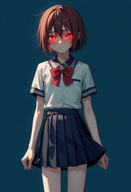 Chara,canon, red eyes, brown hair, short hair, blush, red eyes, young, skinny, source_anime,score_9, score_8_up, score_7_up,1girl, solo, androgynous, glowing eyes, school uniform, skirt, shirt,