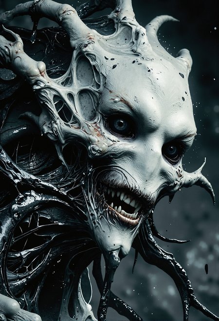Off-center composition, right-aligned dynamic composition, an other wordly white alien like monstrous creature, erotic female, black glossy fractal skin leather texture, deap sea, slimey, teeths, black eyes, cinematic film still  . shallow depth of field, vignette, highly detailed, high budget, bokeh, cinemascope, moody, epic, gorgeous, film grain, grainy <lora:Dever_Flux_Enhancer.safetensors:0.5>,  <lora:- Flux1 De-Distilled - temp_haunting_cre_1.0.safetensors:0.75>,  <lora:RM_Artistify_v1.0M.safetensors:0.95>,