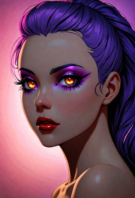 neo noir style portrait of a beautiful woman painted on wall with light, stunning beauty, soft light, pastel colors ,black and purple hair, dark punk, heavy makeup, line art, postmodernism, neo noir,   simple background, glowing lips, lips closed, light smile, masterpiece, natural style,  braided mohawk,, realistic and detailed eyes, beautiful eyes, amazing eyes,kawaii makeup dark makeup, nerd, red glowing lips, bangs,