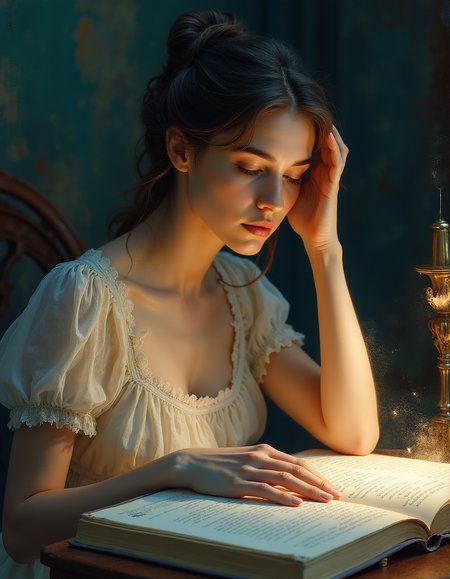 expressionism art by Casey Baugh, In an ornate study of classical art, adorned by shimmering books, this serene aura of symphonium and cobalt glow is illuminated with the soft humming ethereal energy of pages. Her eyes, shimmered, glow with iluminating light, and his fingers, gently resting on her forehead as She contemplatates on enchanting text with long, swirled strokes through. , rich vivid colors, enhanced quality, cinematic, sublime, advanced cinematic perfect light, intense, Victorian, neoclassical, ancient Roman and Greek subjects, luxurious settings, meticulous attention to detail, idealized beauty, historical accuracy