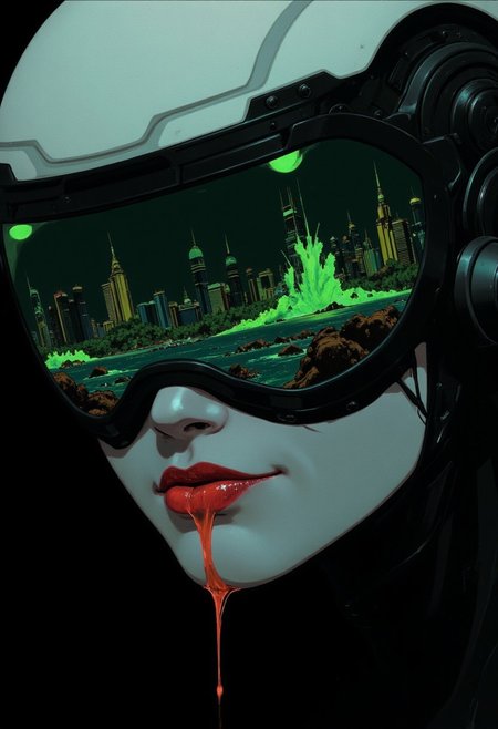 Her full, parted lips reveal a set of sharpened, pearly teeth as she smiles seductively, a thin trail of glowing liquid trailing down her chin. A pearl-white, cybernetic visor rests on her forehead, its lens pulsing softly with deep green light. Reflected in the glowing pools of her eyes is a sprawling oceanic cityscape, its skyscrapers made of bioengineered coral and translucent glass.