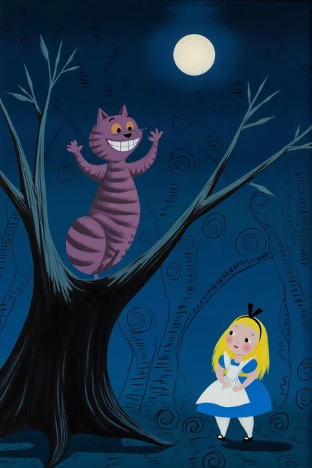 maryblair2 illustration. 
The Cheshire Cat is perched on a tree branch, grinning. A full moon lights the sky. To the right, a girl with blonde hair and a black Alice band looks up at the cat. The ground has swirling trees and foliage. <lora:maryblair3_cap_d6a3e9:1.0><lora:855820795044226626:0>