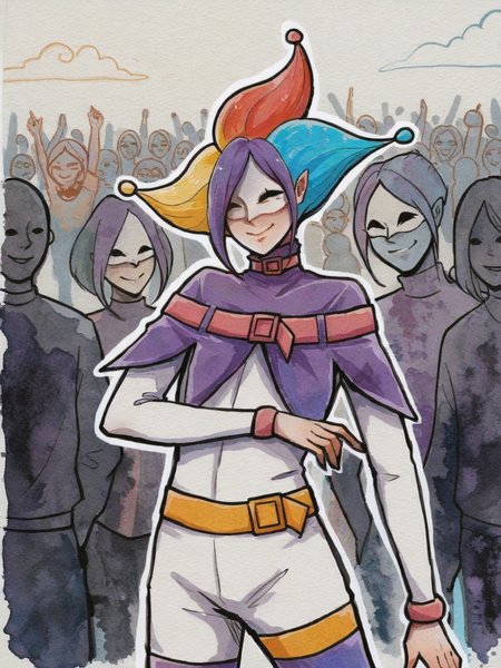 ILXLpos,VTWTR,watercolor \(medium\),painting \(medium\),joker,cowboy shot,smile,crowd,<lora:Joker (Rascal):0.8>,<lora:VitWater Style:0.8>