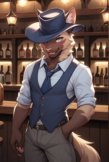 hi res,  high intricate details
  <lora:Cyrus_Kemo_Coliseum-000001:0.8> cyrus, anthro cat, brown fur,  shirt,  hat,  standing,  tavern, zPDXL3, <lora:Pony_QualityV4.0:1.12> zPDXLxxx, zPDXLrl