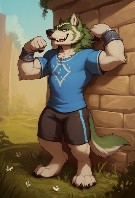 sfw,    score_9, score_8_up, score_8, score_7_up, score_7, , , solo, wolf, anthro, anthrofied, link \(wolf form\), 1male, solo, masterpiece, high quality ,male,  looking smug, flexing, showing off, outdoors, fluffy fur, fit, muscles, standing, clothed, shirt, shorts,