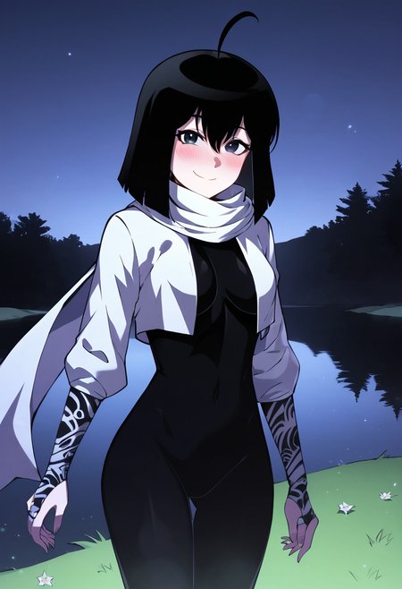 yona_runcandel, black hair, medium hair, black eyes, ahoge, blush, scarf,  yona outfit, Lace Arm Sleeves, cropped jacket, black bodysuit, manhwa, webtoon, medium breasts, syris outfit,  BREAK outdoors, night, lake, field of green luminescent flowers BREAK cowboy shot, looking at viewer, standing,closed mouth, seductive smile, flirty face ,dynamic pose BREAK best quality, masterpiece,score_9, score_8_up, score_7_up, perfect hand, source_anime, rating_explicit,     <lora:Yona_Runcandel:0.8>