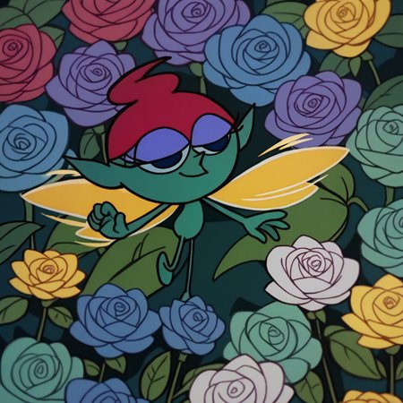 score_9, score_8_up, score_7_up BREAK PixieDLab, 1girl, magenta hair, dark blue eyes, green skin, green body, purple eyeshadow, yellow wings, between flowers, surrounded in flowers, roses everywhere, flowers around,