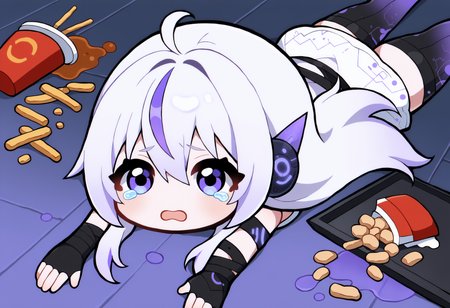 masterpiece, best quality, high quality, apuspills,
1girl, solo, chibi, <lora:MeinaRedesign_illusXLNoobAI_Incrs_v1:1>, hair between eyes, purple eyes, long hair, purple hair, white hair, streaked hair, ahoge, head gear, collarbone, bare shoulders, white dress, sleeveless dress, short dress, armband, fingerless gloves, black gloves, circuit pattern, sci-fi clothes, gradient legwear, black thighhighs,
on stomach, open mouth, lying, on floor, fallen down, tearing up, looking at viewer, looking up, tray, french fries, spill,<lora:apu_spills_his_tendies_meme-10-NOOB-EPS:0.9>