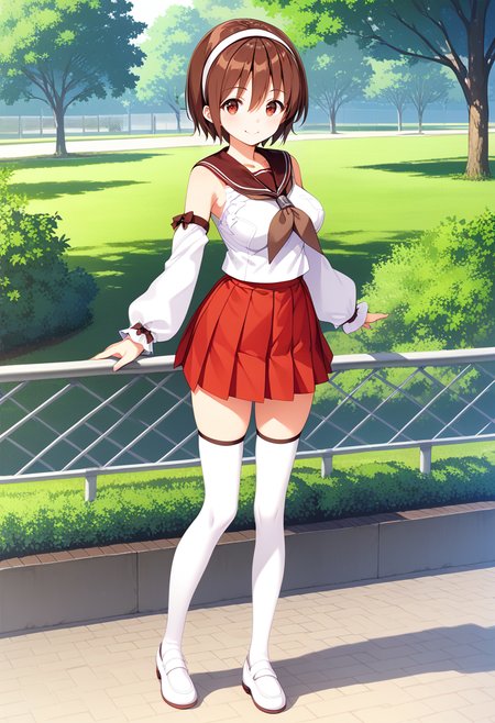 1girl, solo, standing, cowboy shot, park, full body, <lora:KC_02LC_natori_pony:1> natorikc, brown hair, short hair, white hairband, bangs, hair between eyes, brown eyes, red eyes, tareme, medium breasts,      natoridefkc, brown_sailor_collar, white serafuku, bare shoulders, brown neckerchief, detached sleeves, red skirt, miniskirt, pleated skirt, white thighhighs, white shoes,, score_9,score_8_up, score_7_up, source_anime, masterpiece, best quality,  official art, official style, game cg, megami magazine, rating_safe, rating_questionable, <lora:Fixhands_anime_bdsqlsz_V1:0.75>, NEGATIVE_HANDS