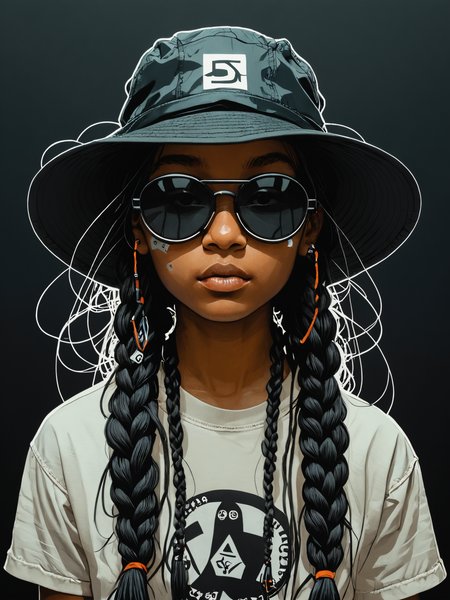 silkscreen print,double exposure shilloutte two colors collage ,hip-hop style,oversized black bucket hat ,oversized goggles, long hair is tied into two braids ,  sienna solid background,symmetrical representation,wide angle,simple,intricate,artstation,Jamie Hewlett,Anthony Burrill<lora:add-detail-xl:1>