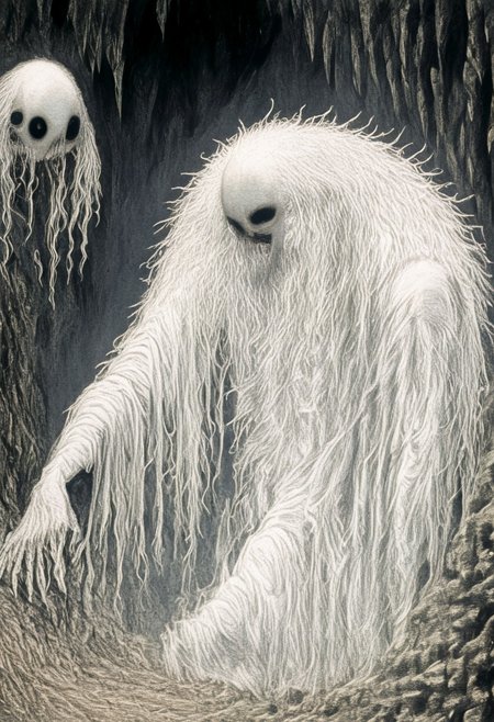 Three-Eyed Ones standing in a dark, eerie cave and dungeon setting. Each being has a pale, bald head with three glowing eyes—one prominently placed on their forehead and two in the usual place. Their third eye, larger and more luminous, emits an eerie glow that contrasts with the darkness around them. They have long, wispy white hair cascading down their backs, partially covering their gaunt faces. They wear dark, tattered clothing adorned with intricate, glowing patterns that resemble ancient runes. The environment around them is filled with shadows, stalactites, and jagged rocks, with flickering torchlight casting ominous silhouettes on the cavern walls. The atmosphere is surreal and unsettling, with an otherworldly mist swirling around their feet.