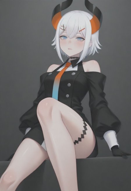 masterpiece, best quality, amazing quality,,, shiny skin,,,,,,,,nijilevi,,blue eyes,white hair,horn,pail skin,short hair,hairclip,nijilevicos,collared shirt,bare shoulder,gradient necktie,puffy long sleeves,white cuffs,black gloves,single thigh strap,