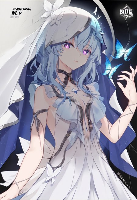 the_shorekeeper, blue_butterfly, blue_hair, blue_nails, iamond-shaped_pupils, diamond_(shape), dress, hair_between_eyes, logo long_hair, purple_eyes, purple_pupils, sidelocks, solo symbol-shaped_pupils, white_dress, white_veil,