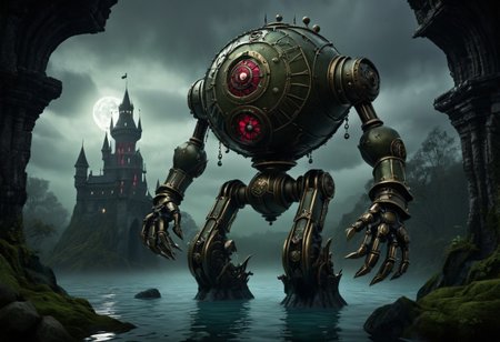 giant bipedal robot olive green and dark red stripes and bronze silver paisley robot. lacy robot submarine head. outside of a steampunk keep. large detailed torso. dark image. one forty foot tall ancient robot with great arms and two heavy spring legs. dark foggy night background. $dark foggy night image only. dark photo realistic image. steampunk details. cogs, chains and pipes incorporated in the fantasy buildings. magic wizards tower in background. Dark swamp, moss, castle ruins, wizards tower. stormy dark night. small floating robot ball in swamp