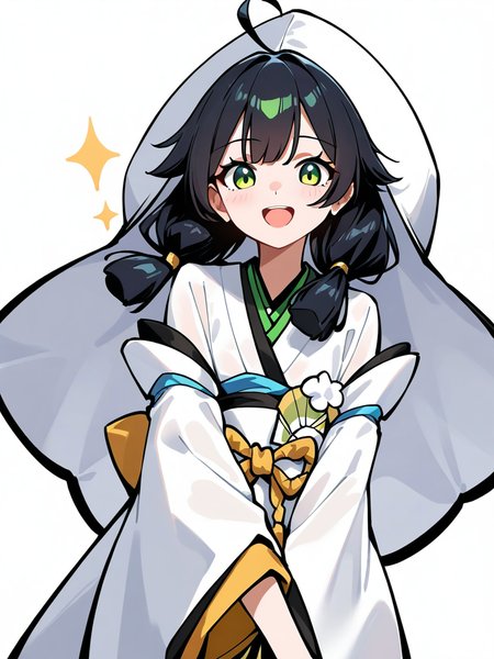1girl,ahoge,looking at viewer,open mouth,rihefang,smile,(solo:1.2),white background,,simple background,cowboy shot,black hair,green eyes,uchikake,<lora:rihefang-000018:0.8>, masterpiece, best quality, very aesthetic, absurdres