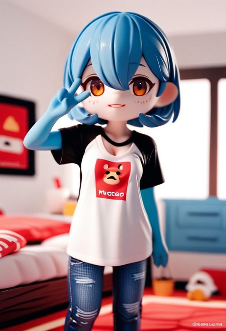 ZPDXL3, score_9, score_8_up, score_7_up, score_6_up, score_5_up, score_4_up, 
1girl, small breasts, solo, 
bedroom, jeans, t-shirt, 
cleavage, (blue hair:1.2), v neck, red chest spike, 
acvillager, chibi, pkshigar,