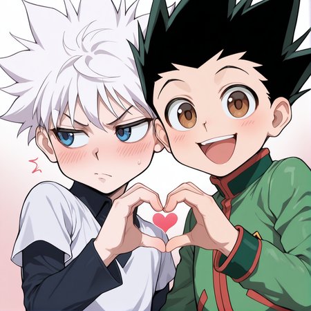 masterpiece, best quality, amazing quality, (2boys:2.0), gradient background, upper body, heart hands duo, 
BREAK,  <lora:IlluKillua:1> illukillua, white hair, blue eyes, short over long sleeves, shy, annoyed, looking to the side, 
BREAK,  <lora:IlluGon:1> illugon, black hair, green hair, spiked hair, brown eyes, green jacket, smile, open mouth, looking at viewer,