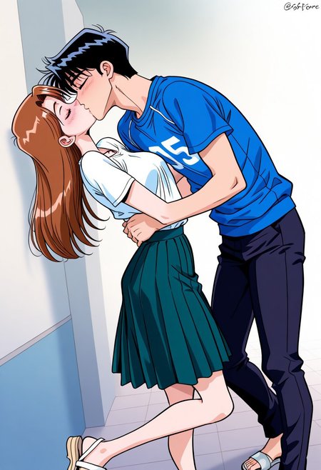 masterpiece, best quality, newest, highres, uncensored, 1girl, yokota mamoru style,1girl,Sendou Chika,brown hair,long hair,slim,, Young-adult,Blouse, Sandals, Skirt, Sports Jersey, T-shirt,1girl, 1boy, kiss, hetero, closed eyes, blush, couple, black hair boy, formal, suit,school,softcore