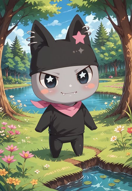 safe_pos, score_9_up, score_8_up, score_7_up, score_6_up, (detailed art style, shiny skin, detailed eyes) (chibi) 1boy, Kuromametchi, grey skin, black cat ears, pink star ear marking, big eyes, black eyes, blush, blush stickers, cute little fang, ear piercings, black bodysuit, pink bandana,  (detailed scenery, detailed background : 1.1), outside, afternoon, verdant park, marsh, (verdant greenery, trees, lush bushes, grass, grassy lawn, wildflowers, water, lake)