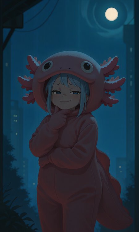 embedding:IllusP0s, g00se, no lineart, axolotl costume, 1girl, solo, smug, stroking own chin, outdoors, night, jett_\(valorant\)<lora:g00se_v3_ill.safetensors:1.0:1.0> <lora:axolotl costume_illustrious.safetensors:1:1>